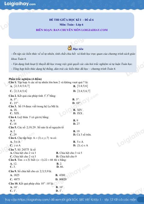 Đề thi giữa kì 1 Toán 6 - Đề số 6